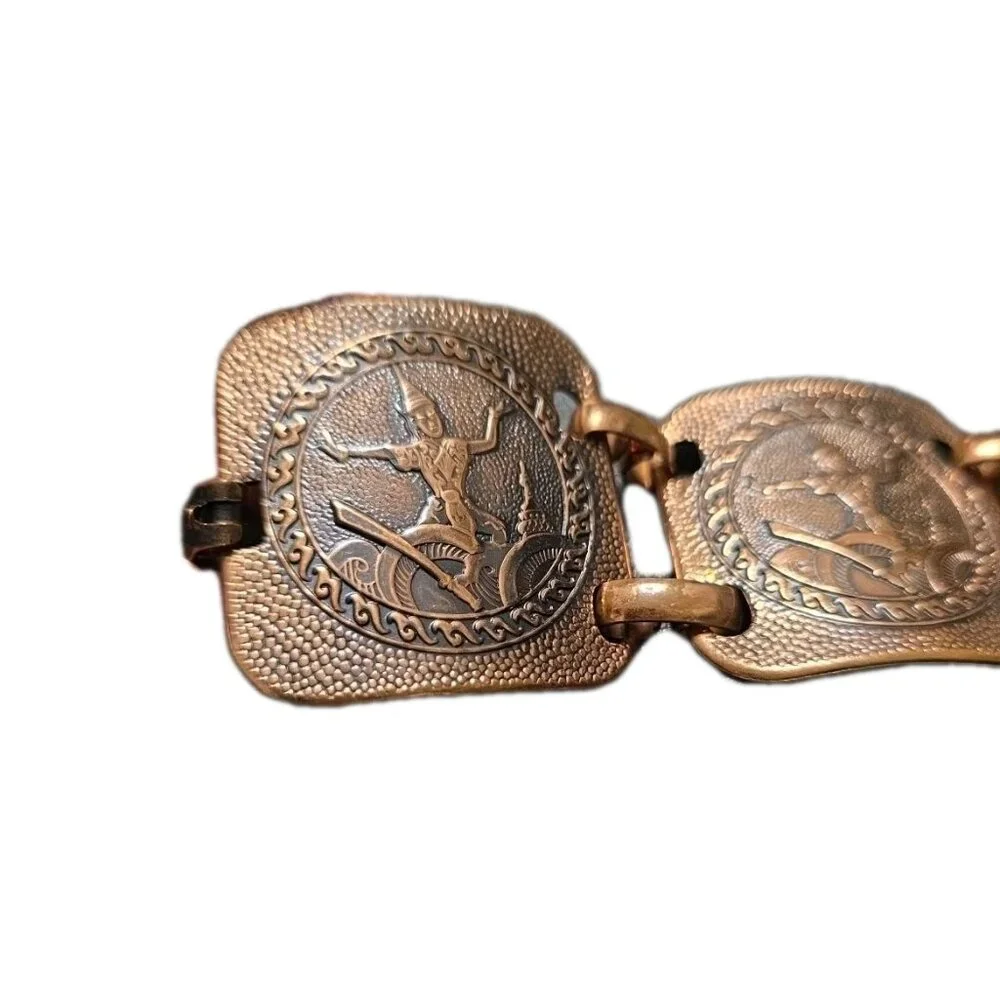 VINTAGE COPPER LARGE PANEL LINK THAILAND THAI ASIAN DANCER GODDES BRACELET